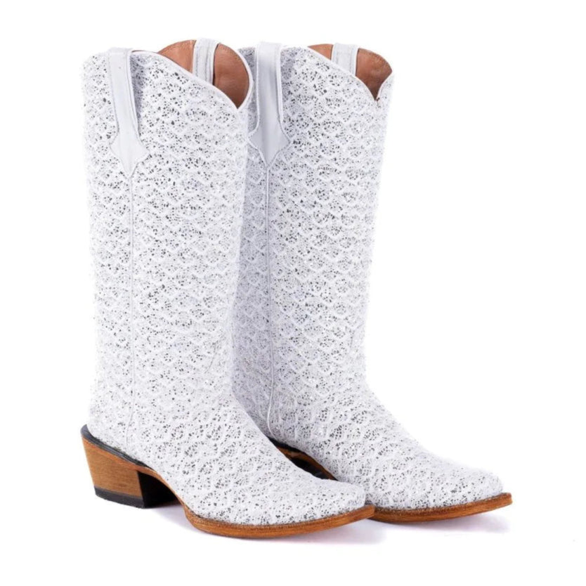 Tanner Mark Women's Dragon Square Toe Leather Boots White & Silver - Tanner Mark Boots