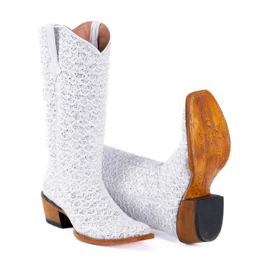 Tanner Mark Women's Dragon Square Toe Leather Boots White & Silver - Tanner Mark Boots