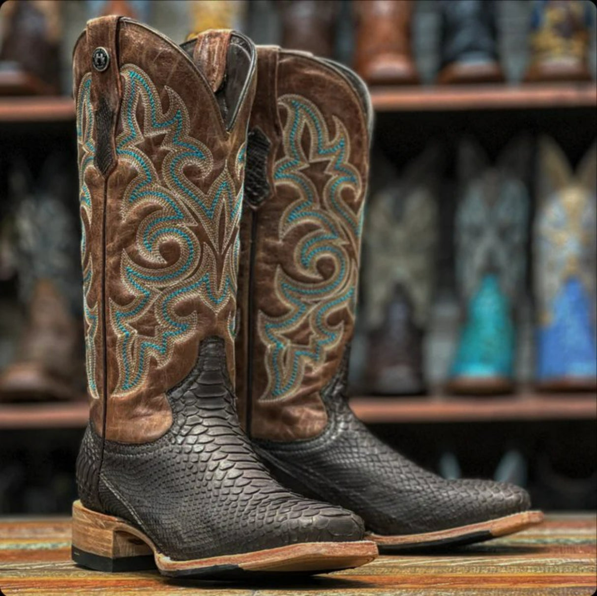 Tanner Mark Women's Genuine Python Square Toe Boots Matte Brown TMLX20110 - Tanner Mark Boots