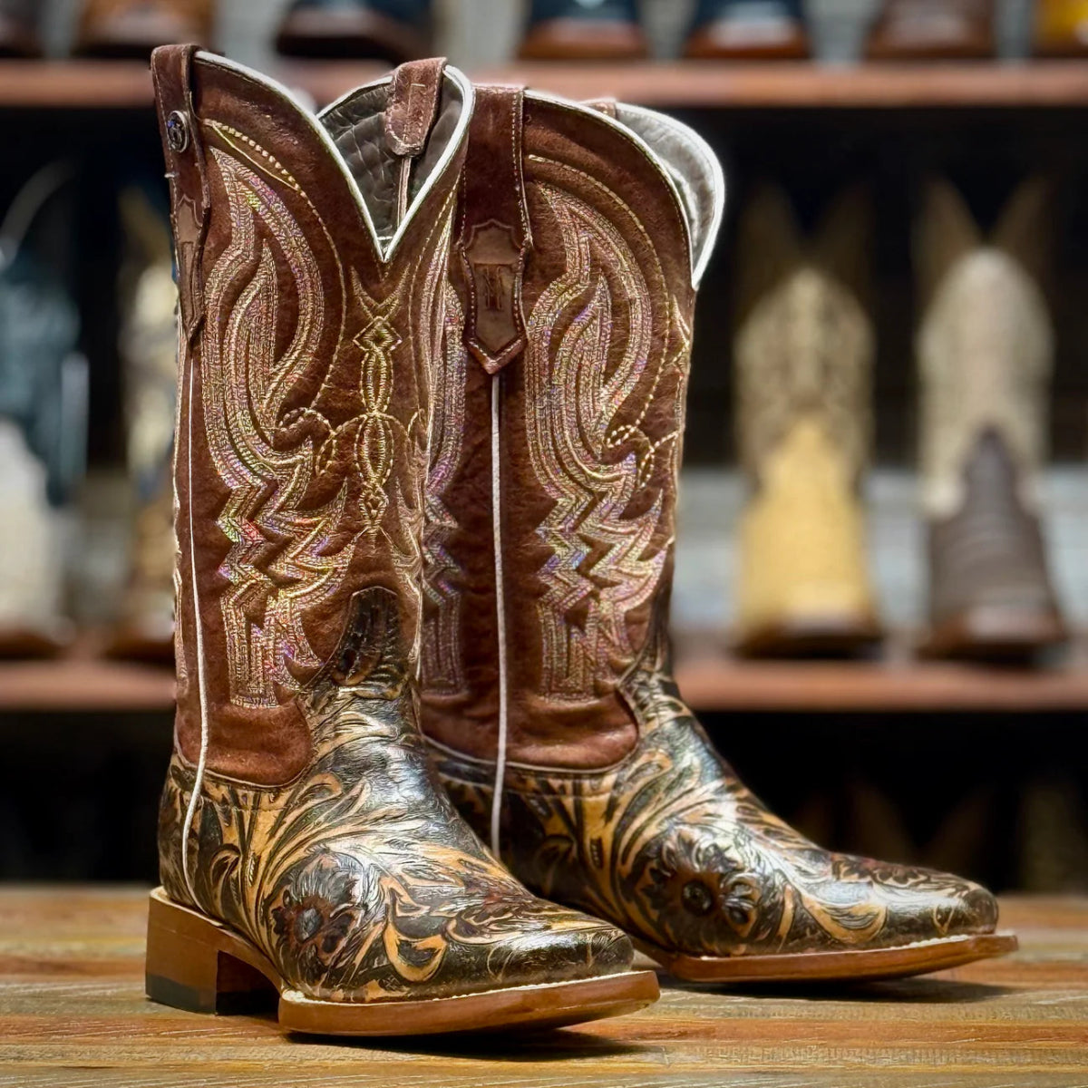 Tanner Mark Women's Hand Tooled Square Toe Leather Boots - Almond Brown - Tanner Mark Boots