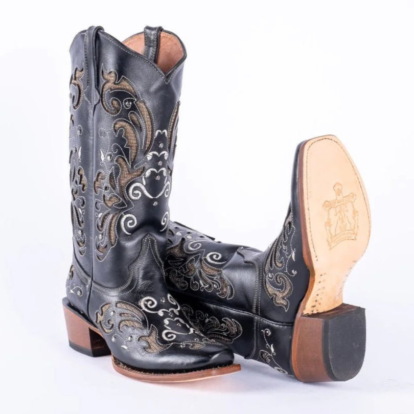 Tanner Mark Women's Hand Tooled Square Toe Leather Boots Black & Gold - Tanner Mark Boots