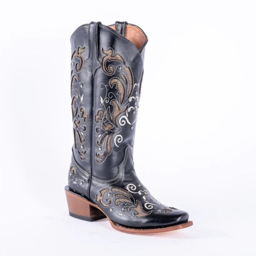 Tanner Mark Women's Hand Tooled Square Toe Leather Boots Black & Gold - Tanner Mark Boots