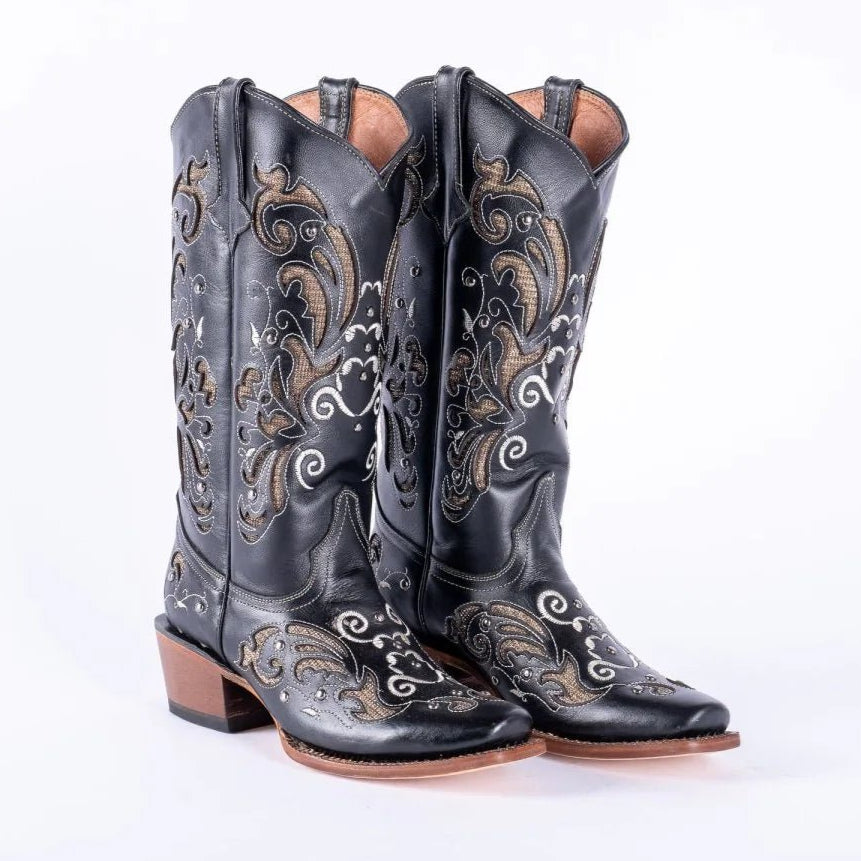 Tanner Mark Women's Hand Tooled Square Toe Leather Boots Black & Gold - Tanner Mark Boots