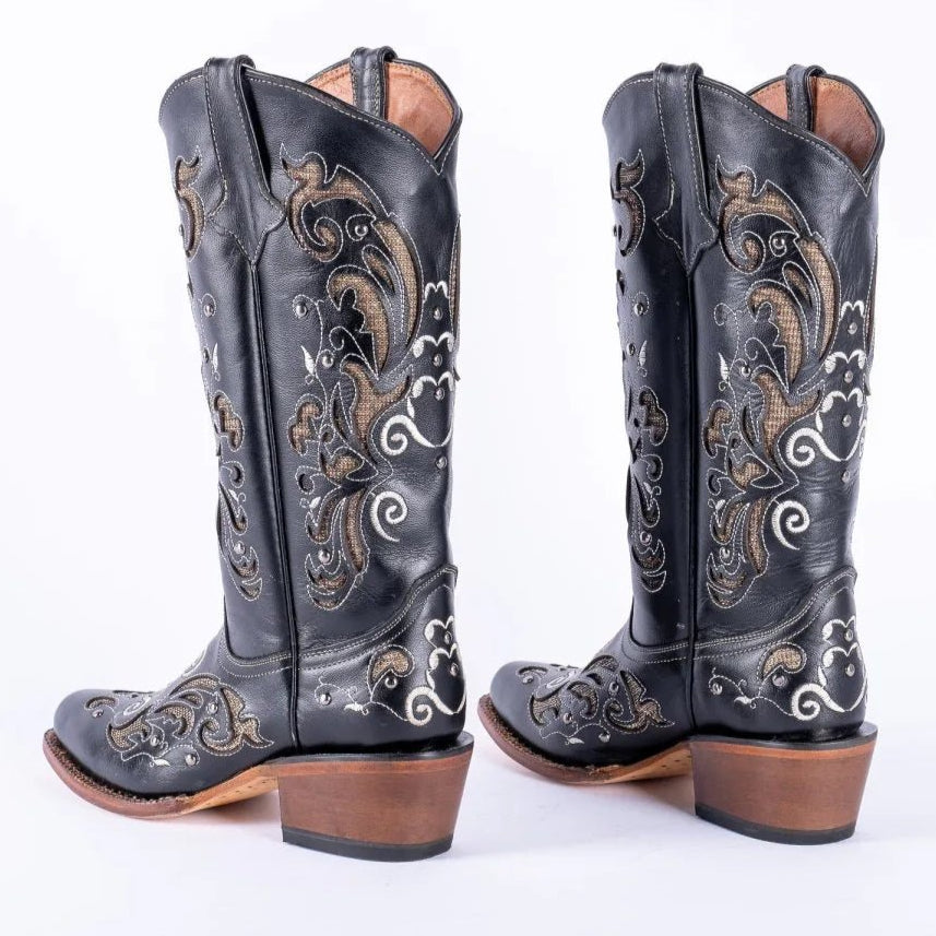 Tanner Mark Women's Hand Tooled Square Toe Leather Boots Black & Gold - Tanner Mark Boots