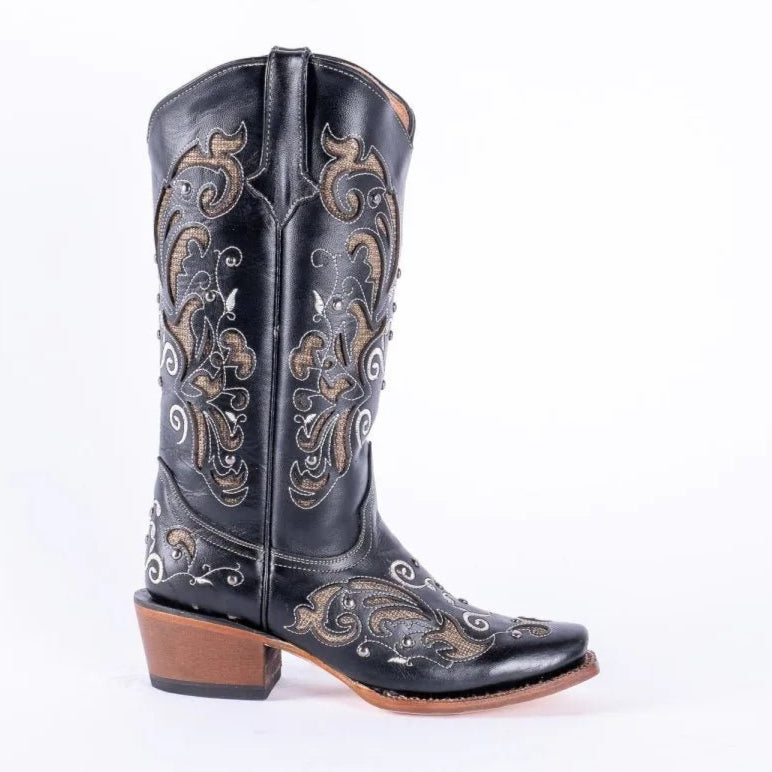 Tanner Mark Women's Hand Tooled Square Toe Leather Boots Black & Gold - Tanner Mark Boots