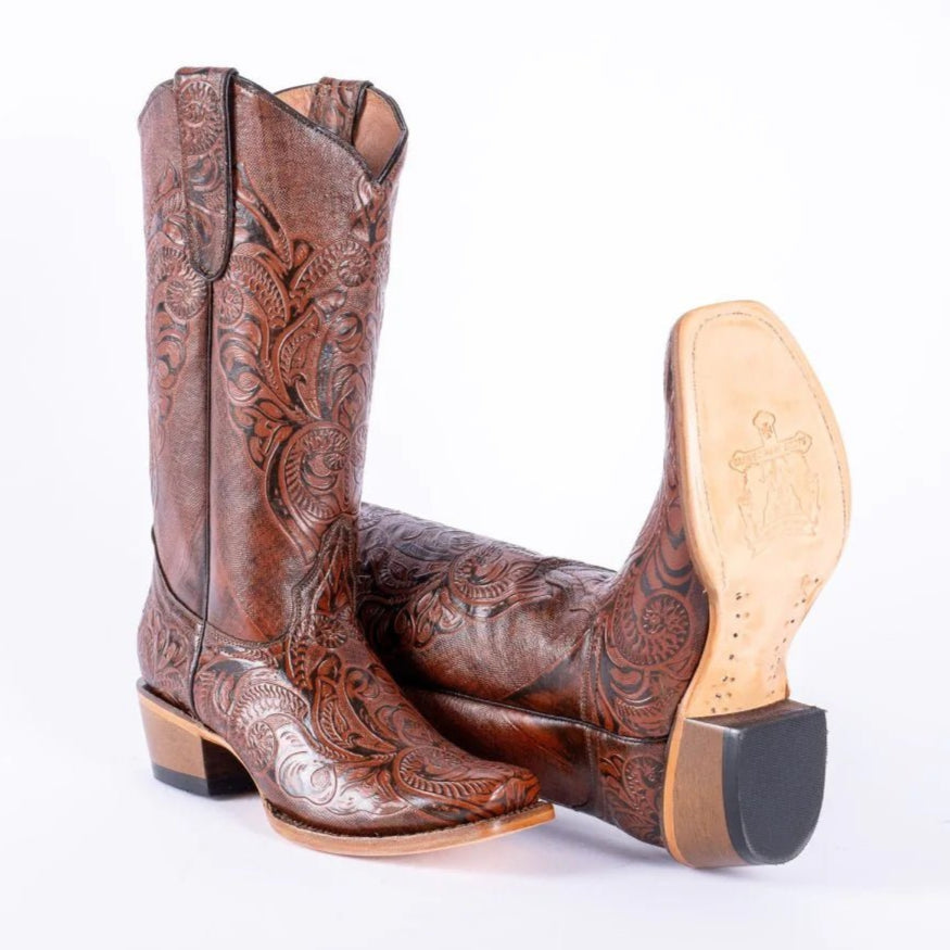 Tanner Mark Women's Hand Tooled Square Toe Leather Boots Cognac - Tanner Mark Boots