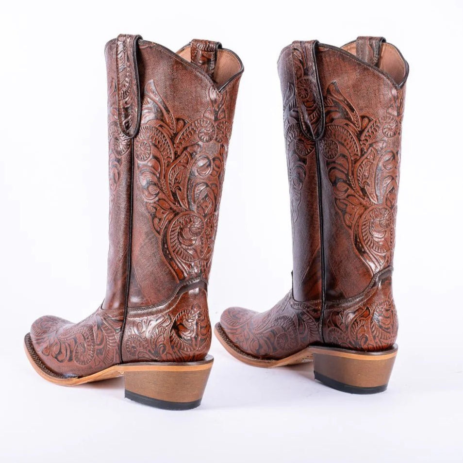 Tanner Mark Women's Hand Tooled Square Toe Leather Boots Cognac - Tanner Mark Boots
