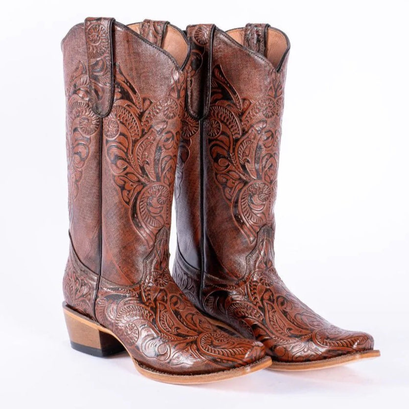 Tanner Mark Women's Hand Tooled Square Toe Leather Boots Cognac - Tanner Mark Boots