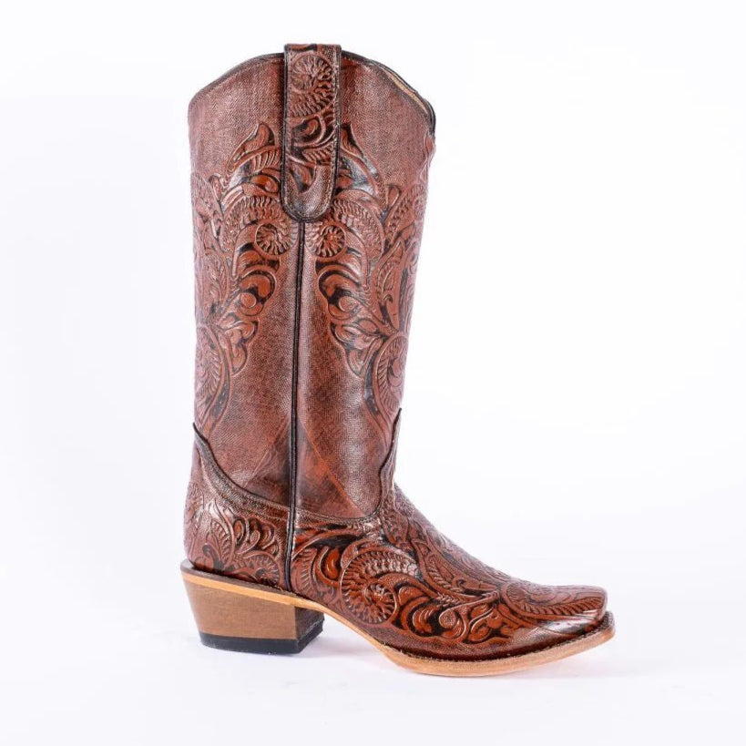 Tanner Mark Women's Hand Tooled Square Toe Leather Boots Cognac - Tanner Mark Boots