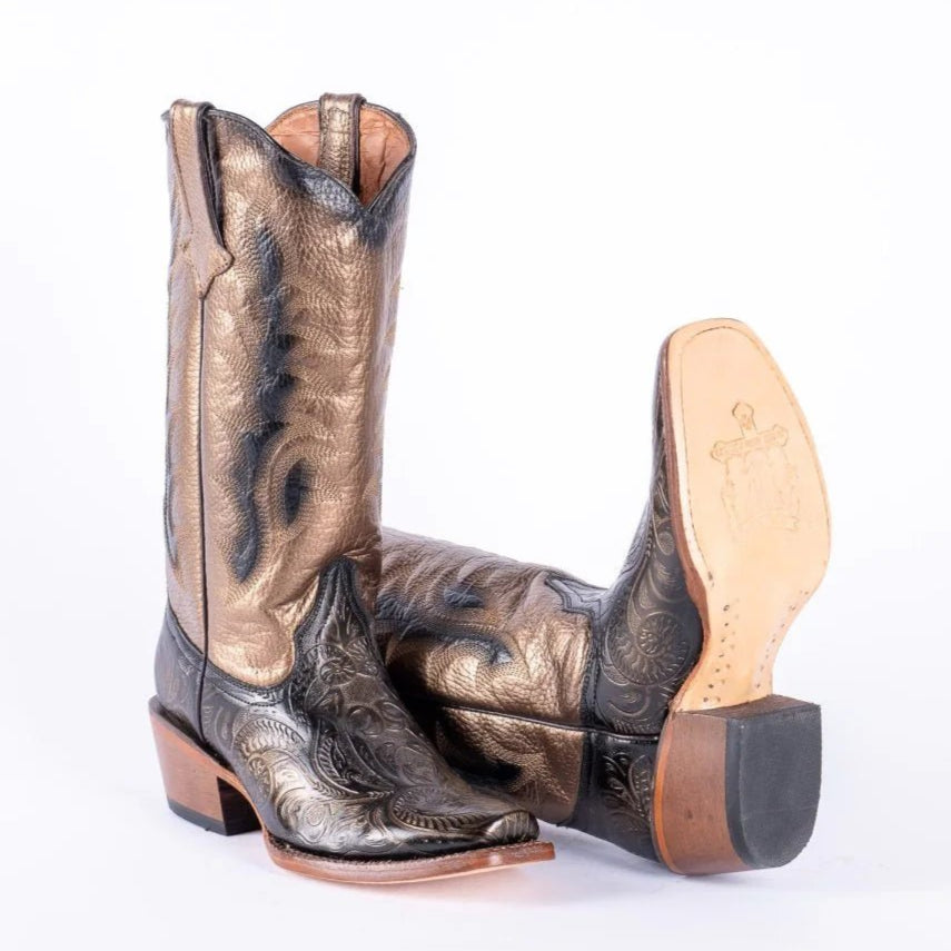 Tanner Mark Women's Hand Tooled Square Toe Leather Boots Gold - Tanner Mark Boots