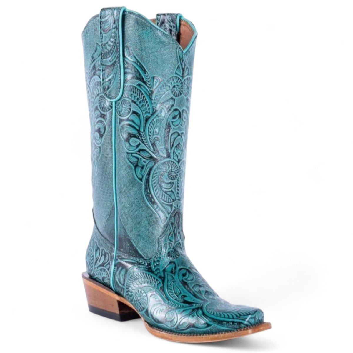 Tanner Mark Women's Hand Tooled Square Toe Leather Boots Turquoise - Tanner Mark Boots