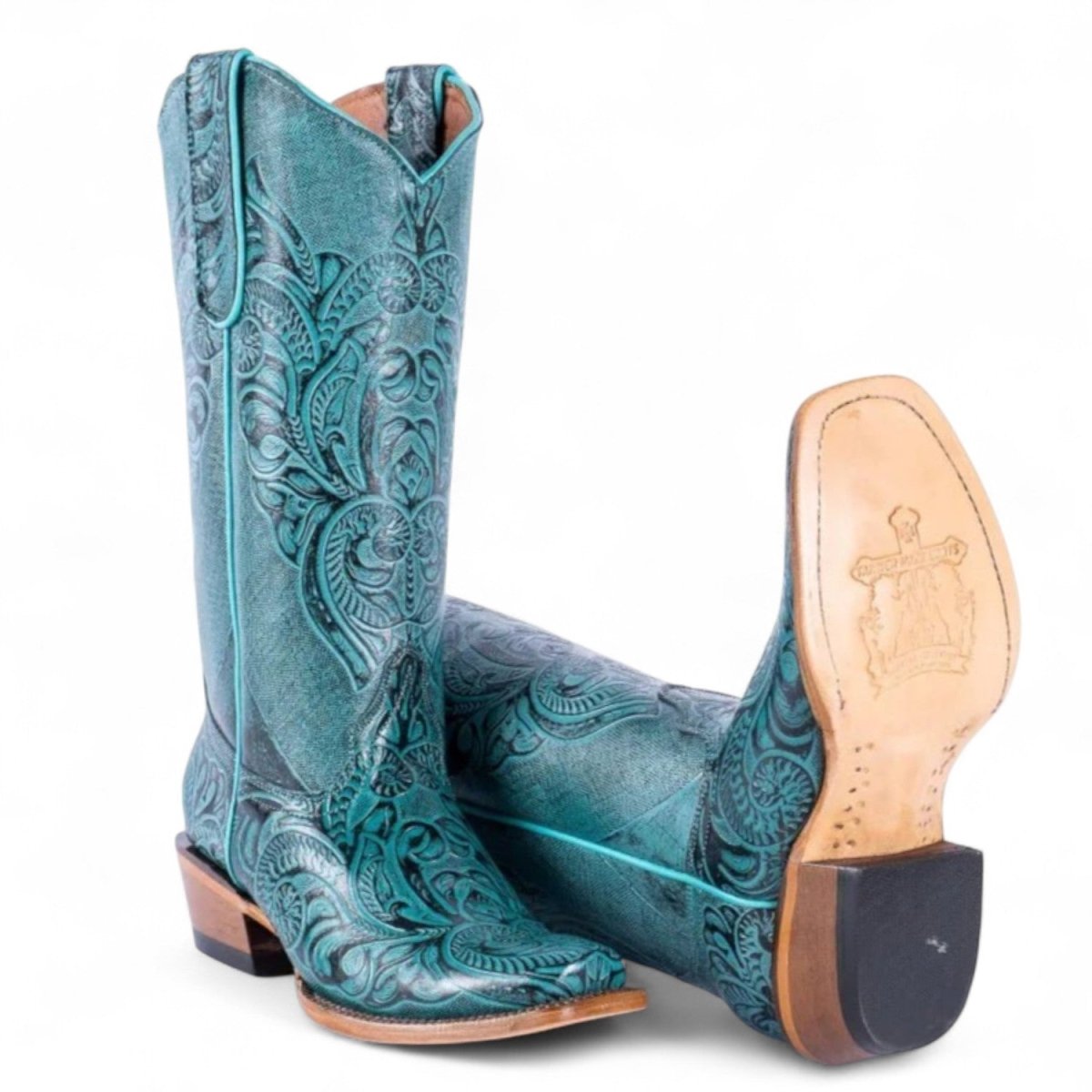 Tanner Mark Women's Hand Tooled Square Toe Leather Boots Turquoise - Tanner Mark Boots