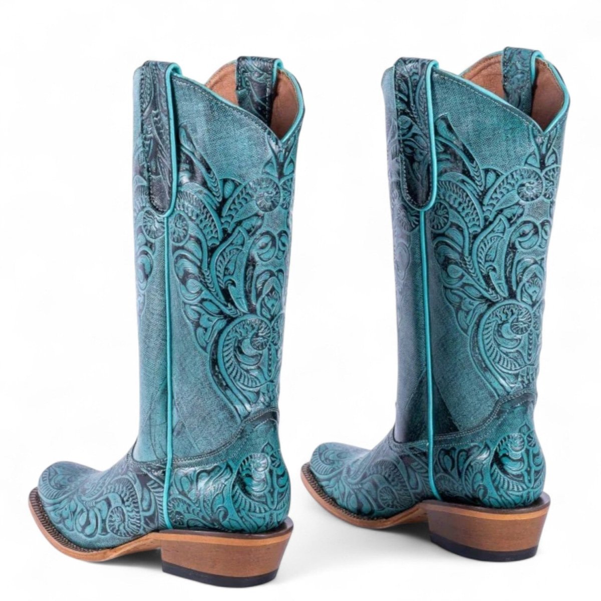 Tanner Mark Women's Hand Tooled Square Toe Leather Boots Turquoise - Tanner Mark Boots