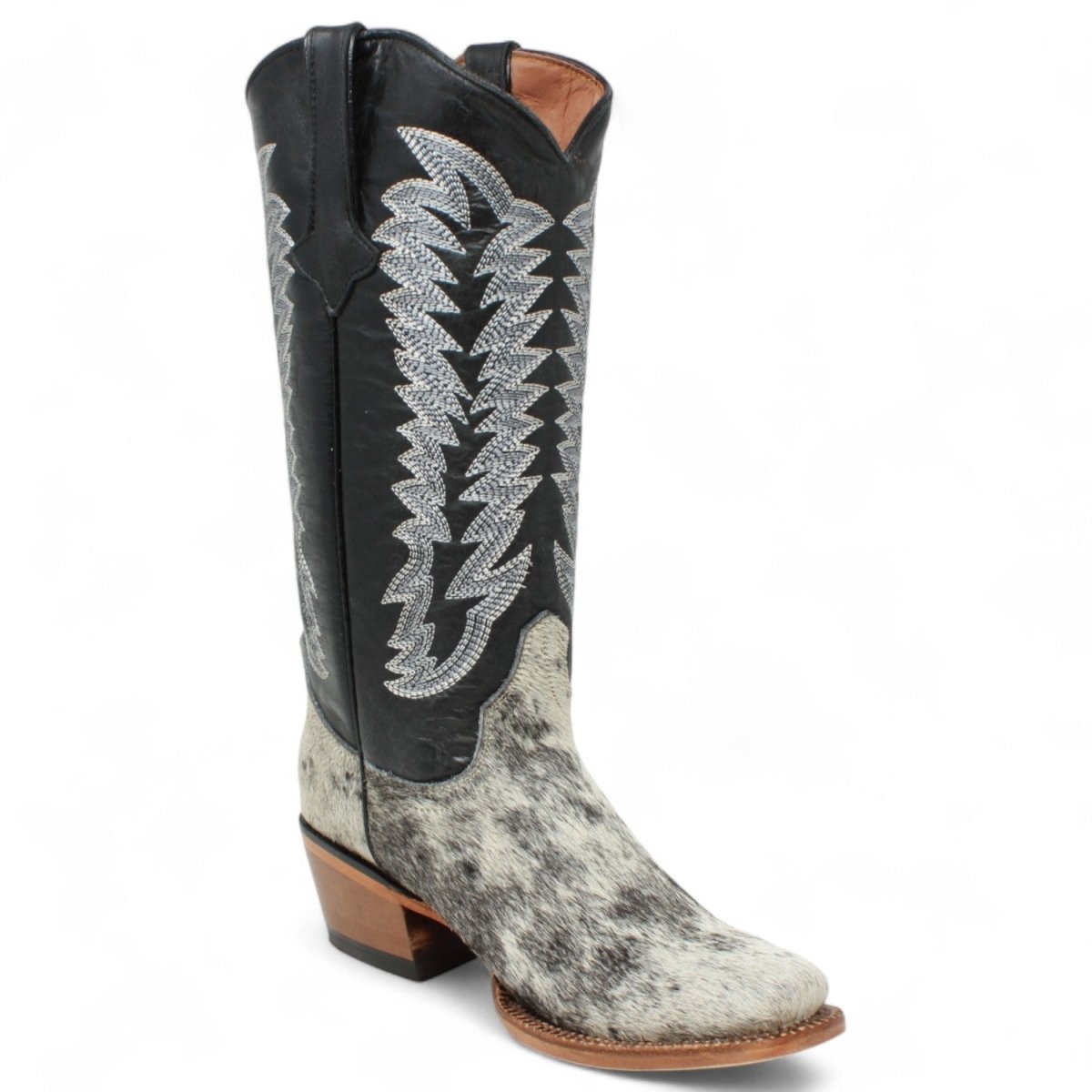 Tanner Mark Women's Olene Full Hair On Cowhide Square Toe Boots - Salt & Pepper - Tanner Mark Boots