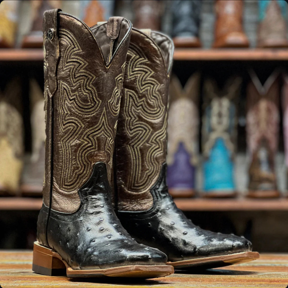 Black Ostrich Print Boots Square Toe