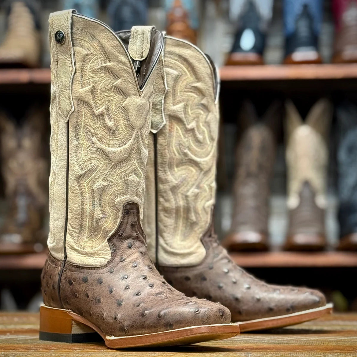 Tanner Mark Women's Ostrich Print Square Toe Leather Boots - Brown - Tanner Mark Boots