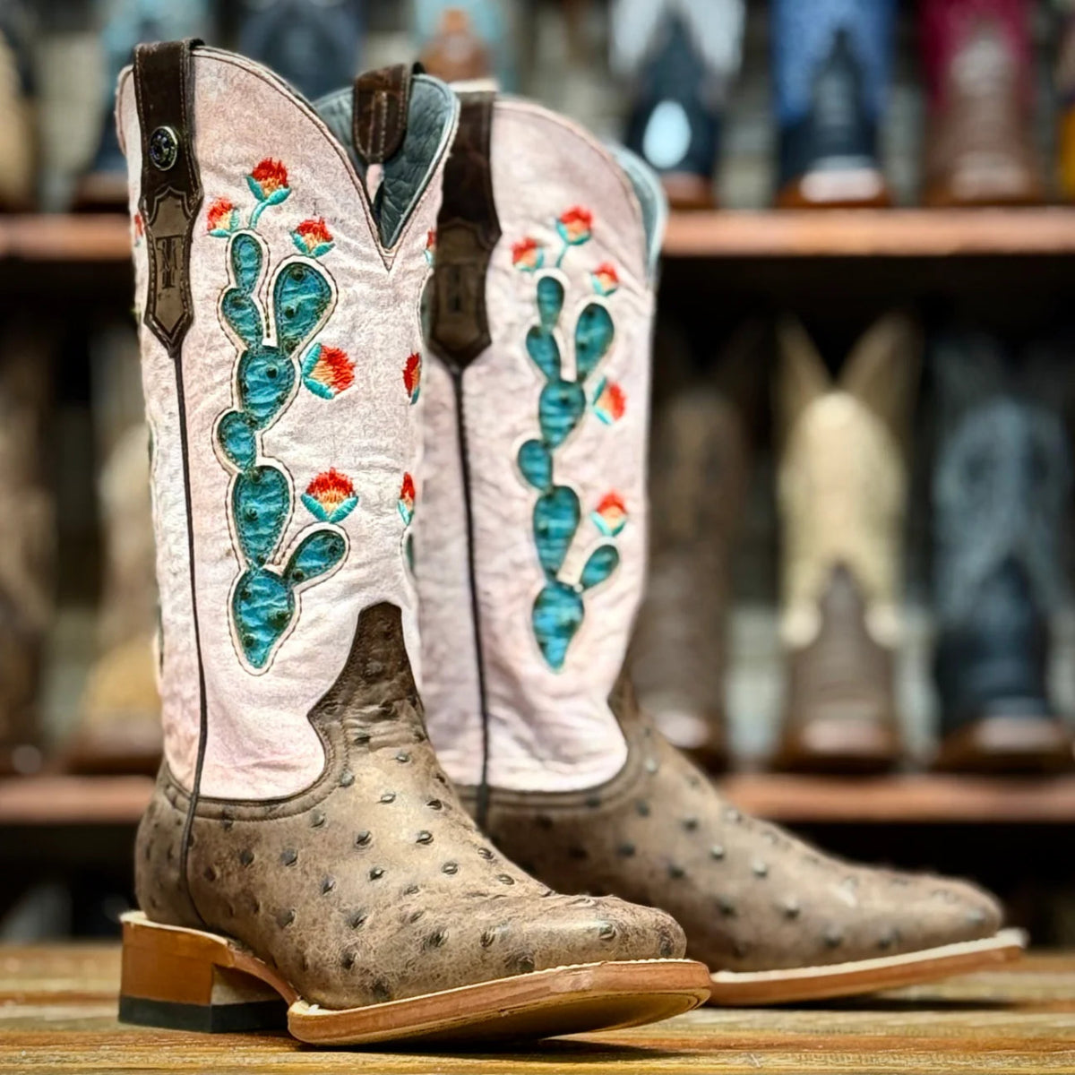 Tanner Mark Women's Ostrich Print Square Toe Leather Boots - Nicotine - Tanner Mark Boots