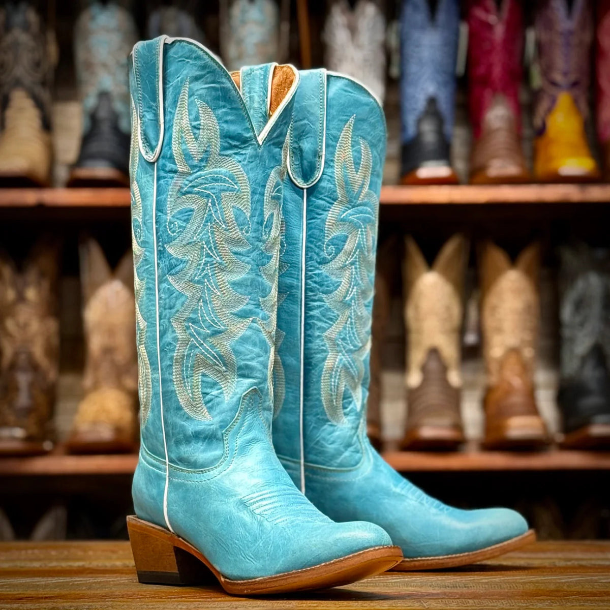 Tanner Mark Women's Round Toe Leather Tall Boots - Turquoise - Tanner Mark Boots