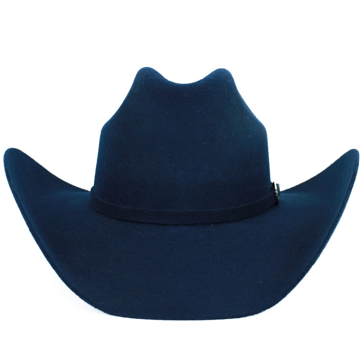 Handcrafted navy blue Tombstone cowboy hat for men, 20X wool felt, 4 inch crown and 4 inch brim, East-West shape- front view