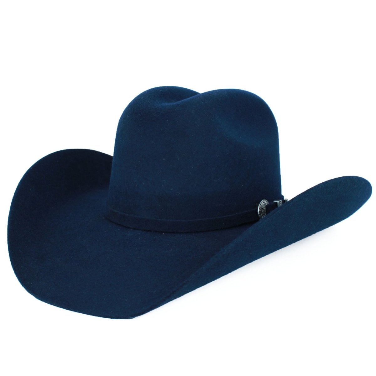 Handcrafted navy blue Tombstone cowboy hat for men, 20X wool felt, 4 inch crown and 4 inch brim, East-West shape- angle view