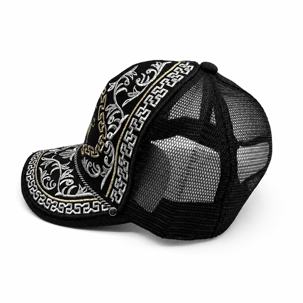 Gorra vaquera bordada negra tipo trucker vista lateral izquierda Hooch Boots