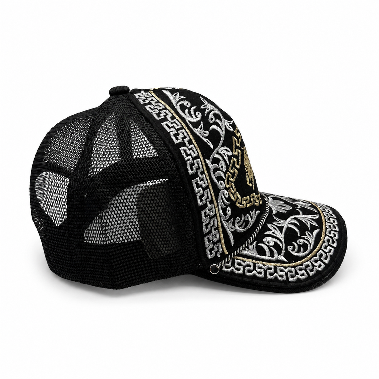 Gorra vaquera bordada negra tipo trucker vista lateral derecha Hooch Boots