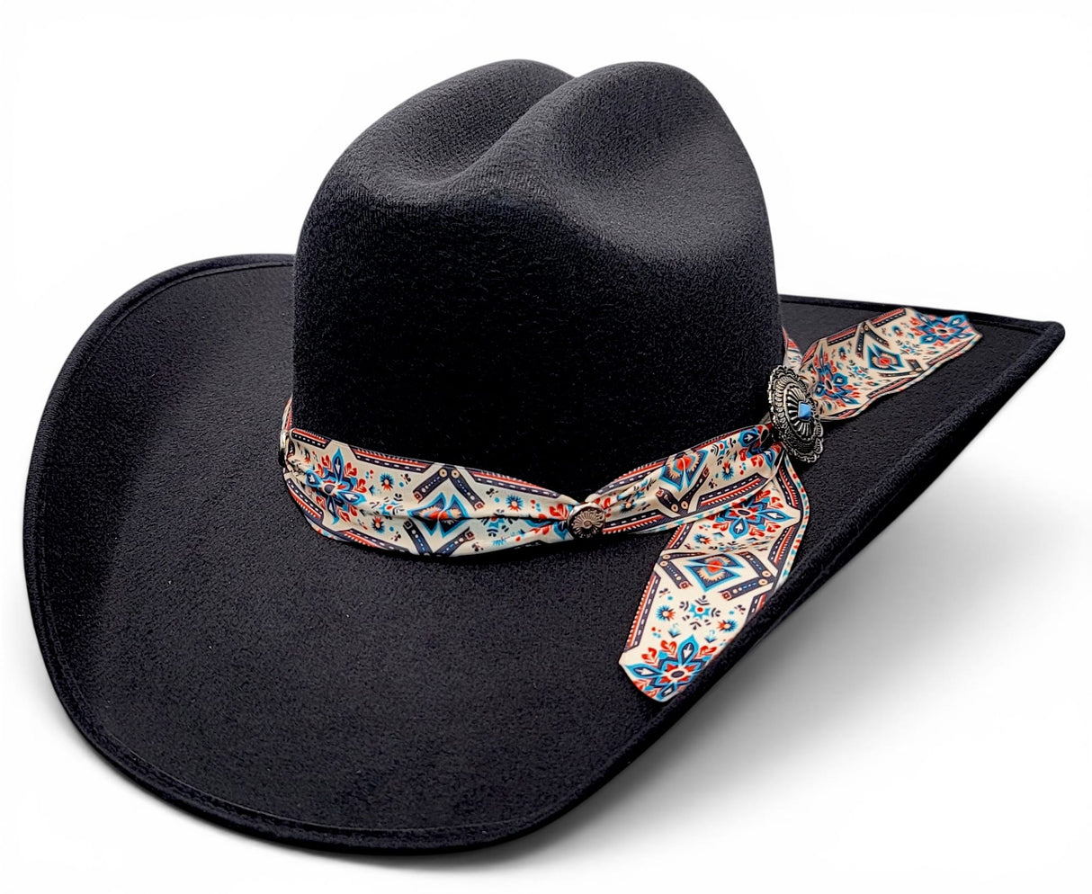 Texana para mujer de fieltro sintetico color negro con cinta Charlie estampada Hooch Boots HTD65 vista tres cuartos
