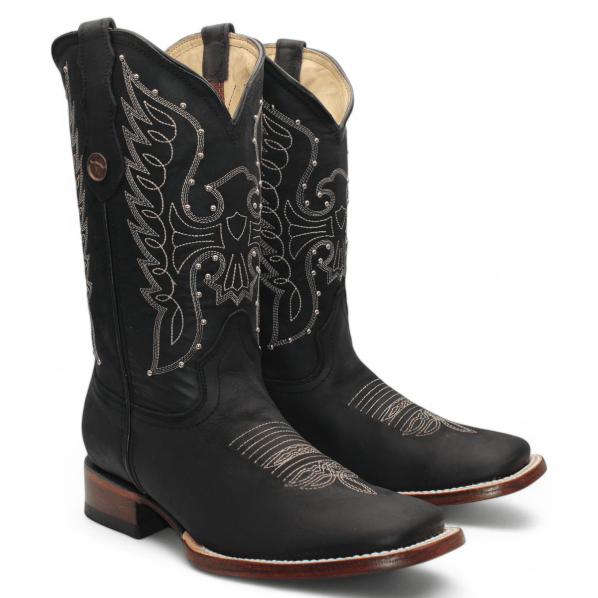 Botas de Piel Original Punta Amplia Cuadrada Para Dama Color Negro - Hooch Boots - Pair Side View