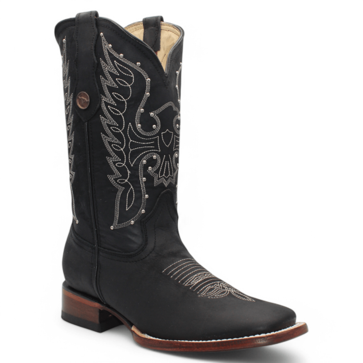 Botas de Piel Original Punta Amplia Cuadrada Para Dama Color Negro - Hooch Boots - Side View