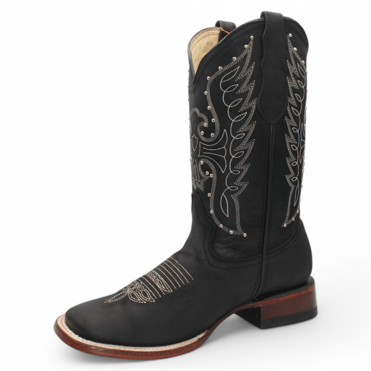 Botas de Piel Original Punta Amplia Cuadrada Para Dama Color Negro - Hooch Boots - SIde View