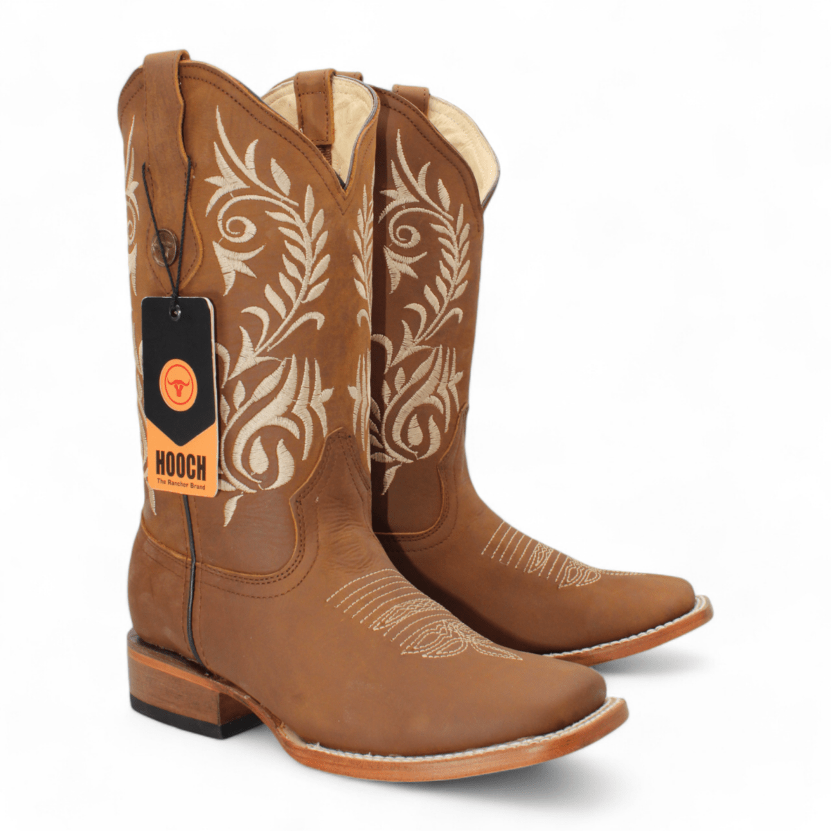 Women's Genuine Leather Square Toe Boots - Tan - Hooch Boots - Pair Side View