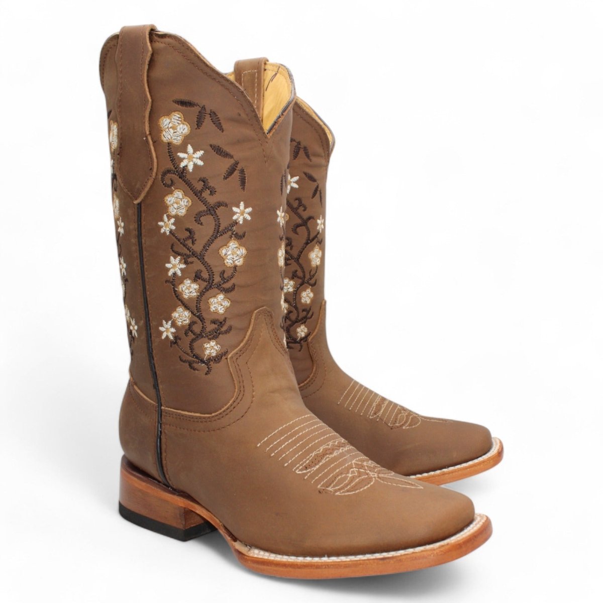 Botas de Piel Original Punta Amplia Cuadrada Para Dama Color Tan - Hooch Boots - Side View