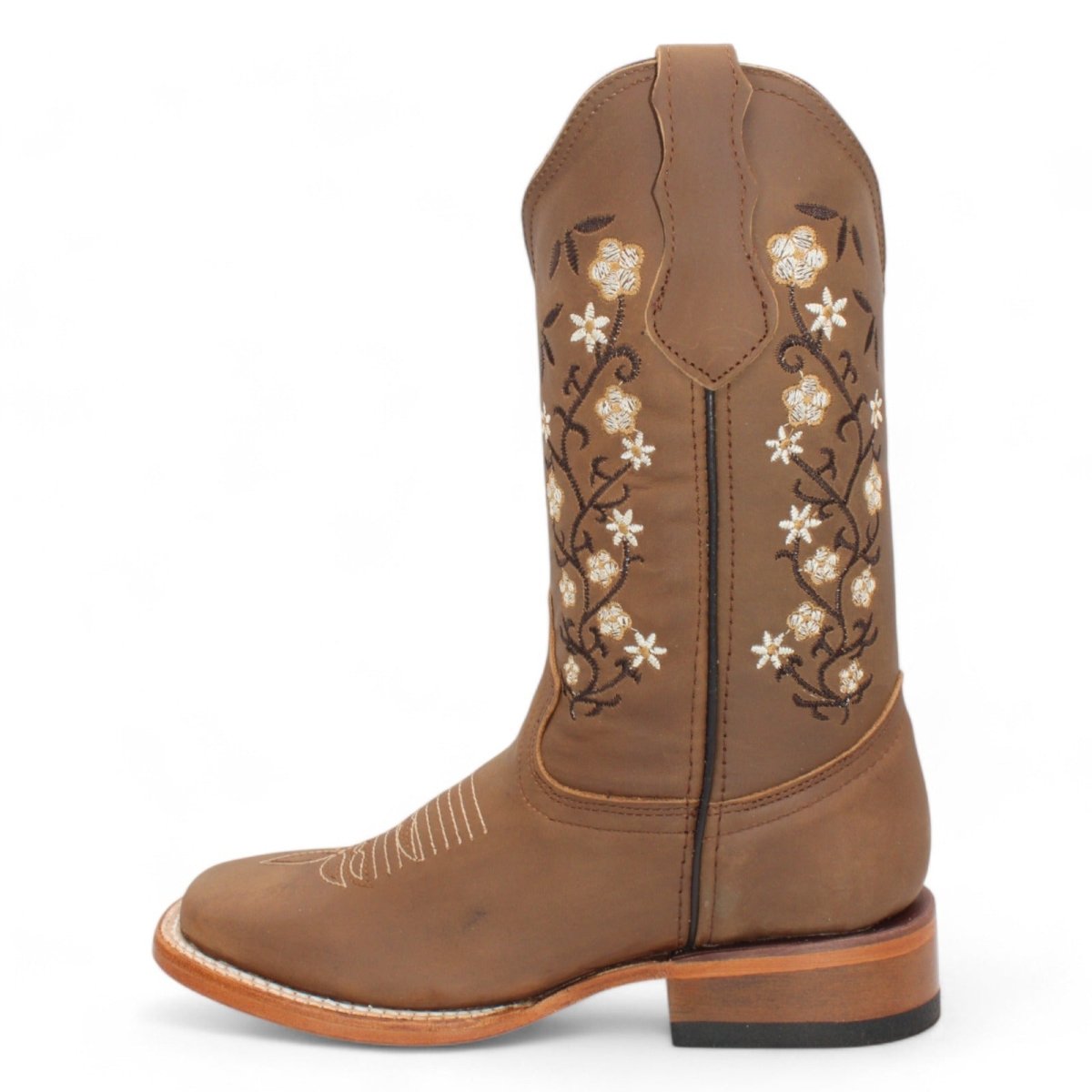 Botas de Piel Original Punta Amplia Cuadrada Para Dama Color Tan - Hooch Boots - Left Side View