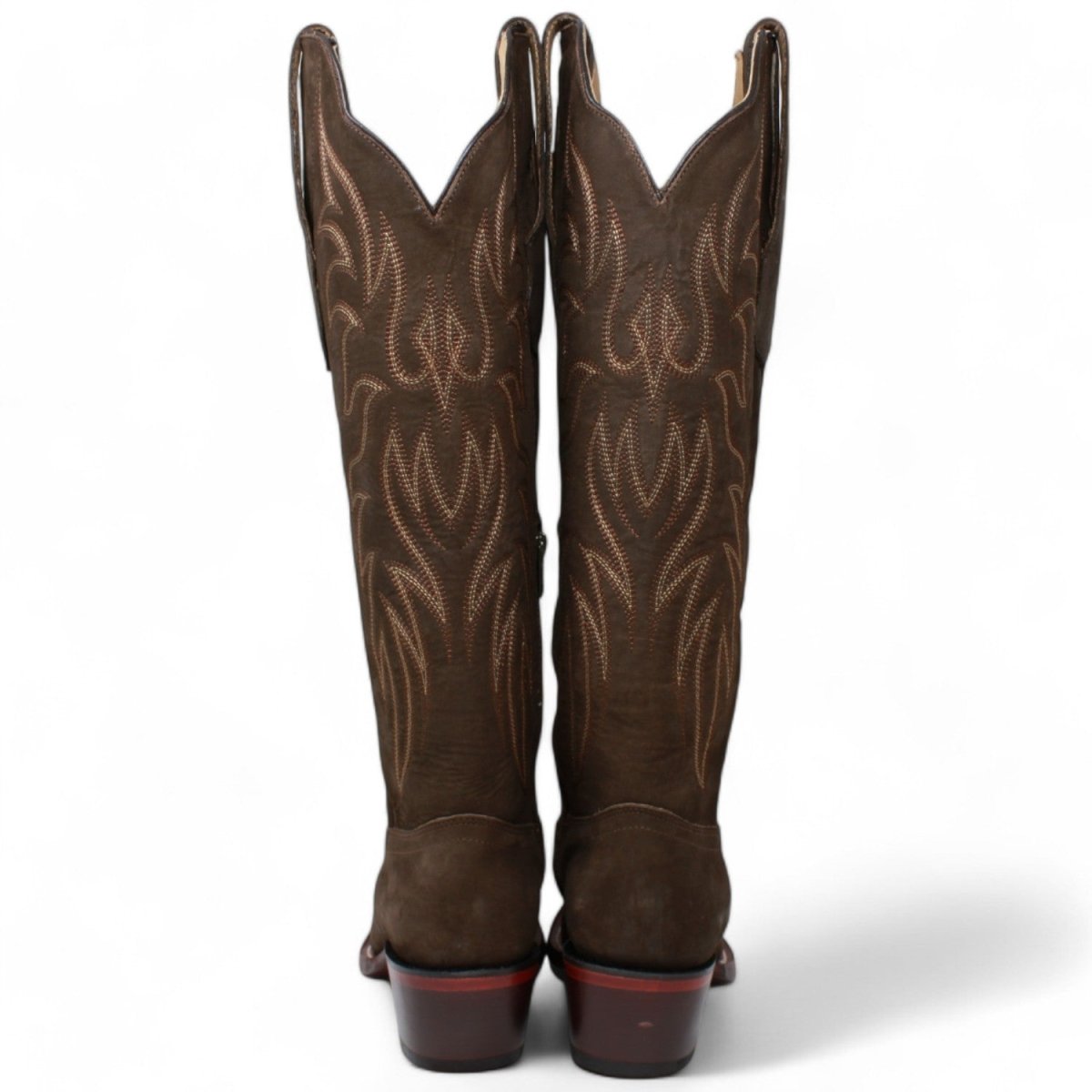 Women's Original Tabacco Nobuck High Snip Toe Boots - Wild West Boots - Back Pair View