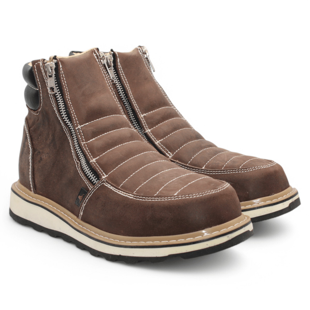 Zapato de Trabajo para Hombre de Piel Crazy Color Brown con Doble Cierre Punta Redonda – Hooch Boots H40407 - Hooch Boots
