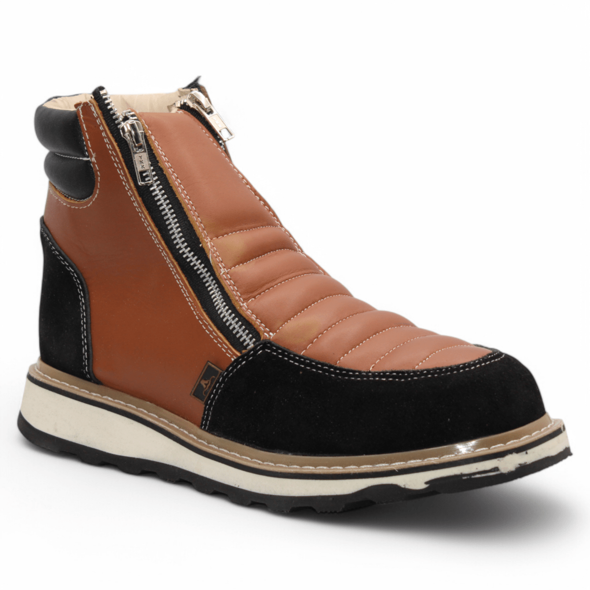 Zapato de Trabajo para Hombre de Piel Crazy Color Honey - Black con Doble Cierre Punta Redonda – Hooch Boots H40651 - Hooch Boots