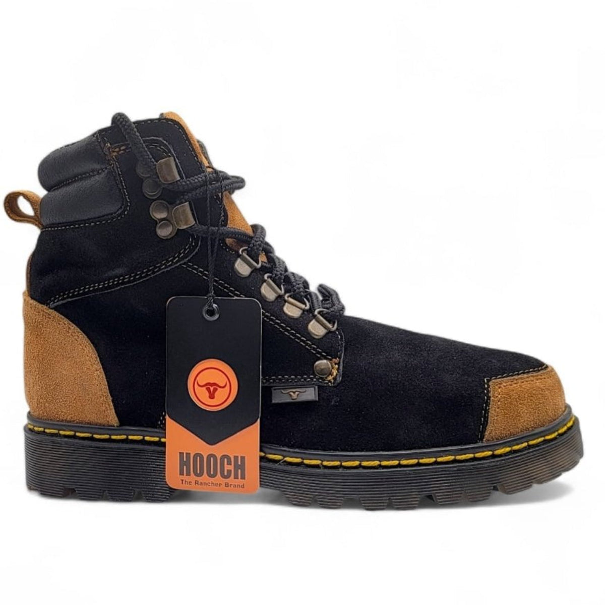 Zapato de Trabajo para Hombre de Piel Nobuck con Punta Redonda y Suela Transparente de Hule Color Negro y Honey – Hooch Boots H70151 - Hooch Boots