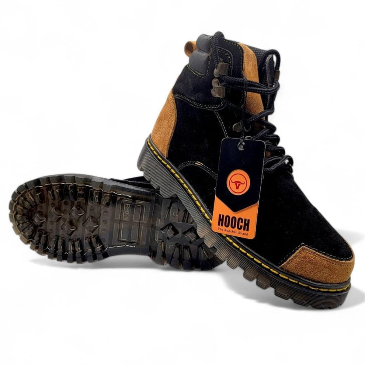 Zapato de Trabajo para Hombre de Piel Nobuck con Punta Redonda y Suela Transparente de Hule Color Negro y Honey – Hooch Boots H70151 - Hooch Boots