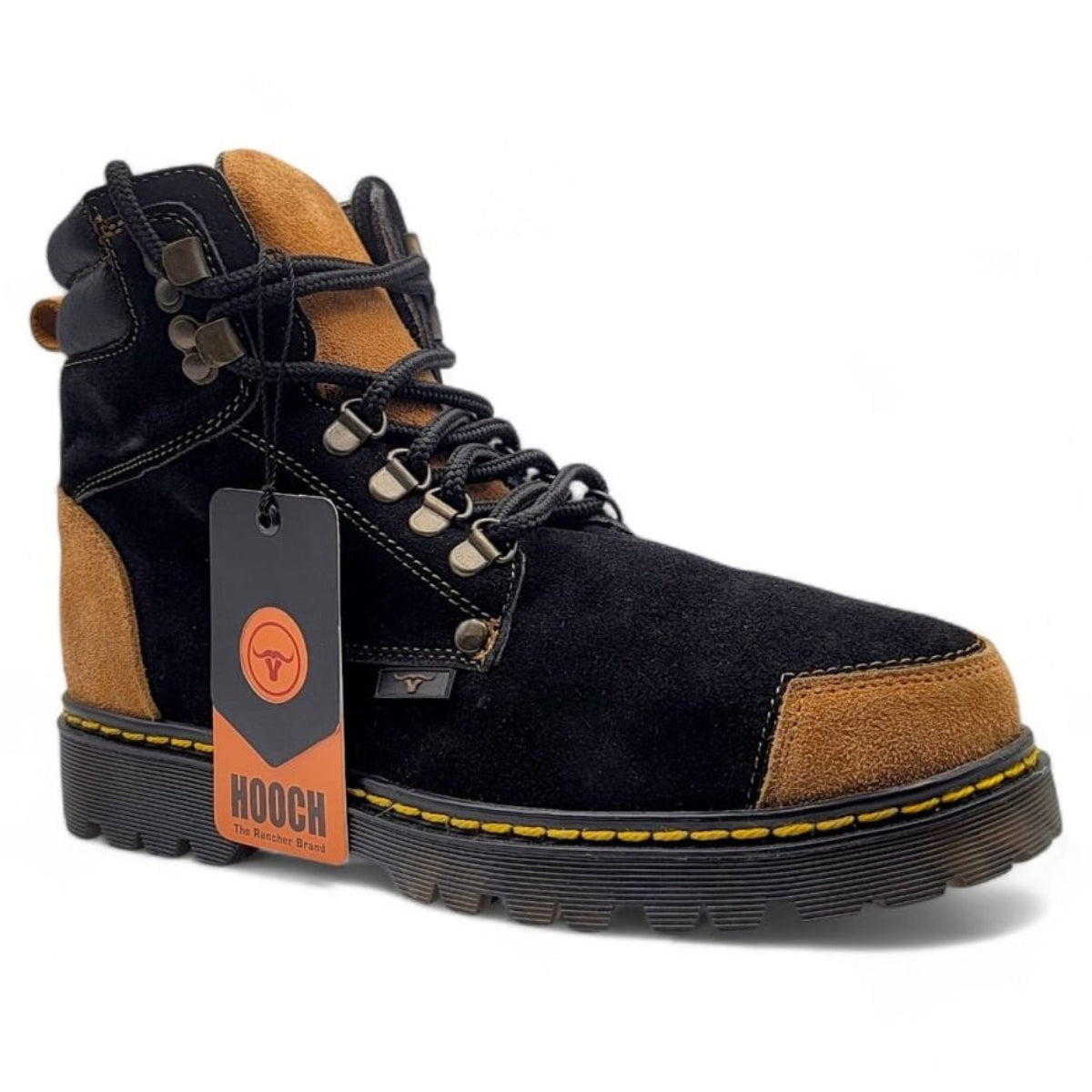 Zapato de Trabajo para Hombre de Piel Nobuck con Punta Redonda y Suela Transparente de Hule Color Negro y Honey – Hooch Boots H70151 - Hooch Boots