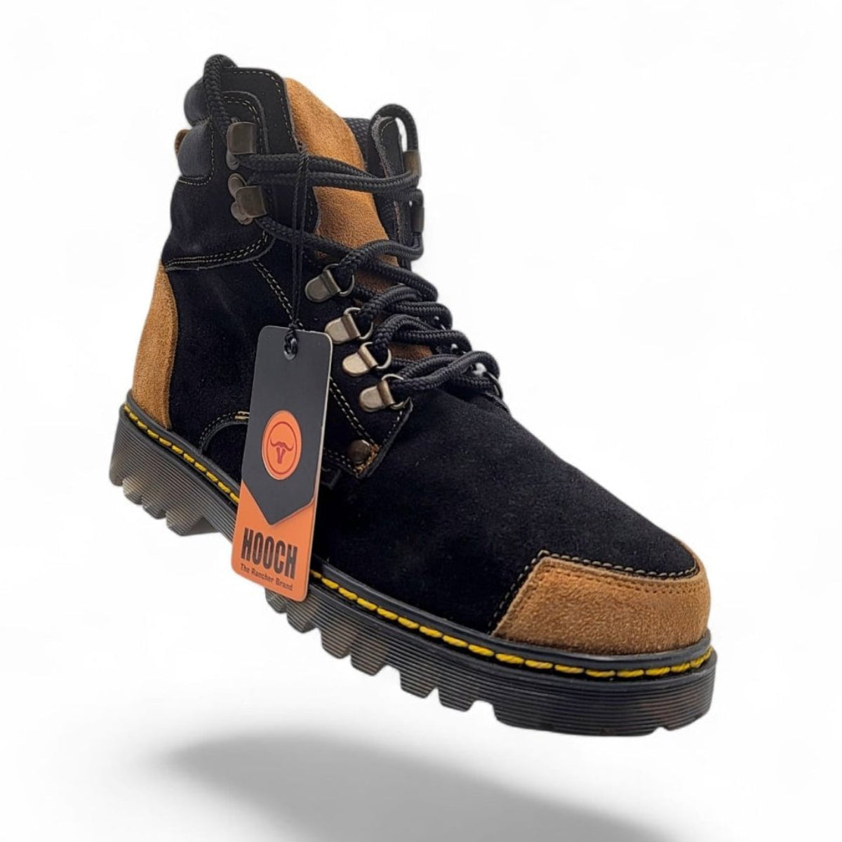 Zapato de Trabajo para Hombre de Piel Nobuck con Punta Redonda y Suela Transparente de Hule Color Negro y Honey – Hooch Boots H70151 - Hooch Boots