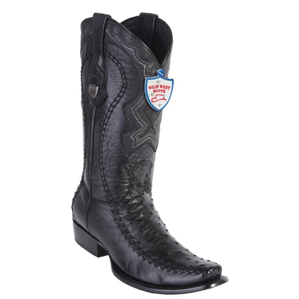 Western Genuine Ostrich and Deer Leather Square Dubai Toe Boots Black Color - Wild West Boots - Side View