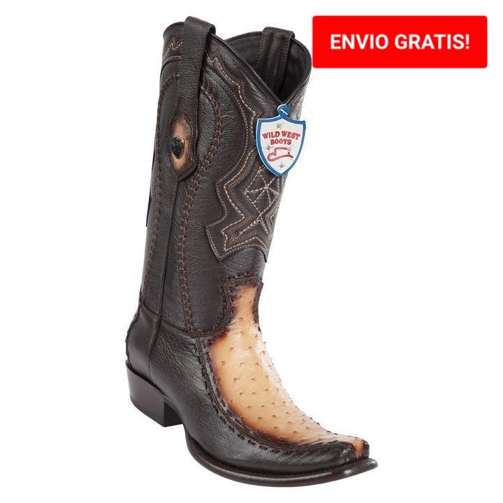 Western Genuine Ostrich and Deer Leather Square Dubai Toe Boots Faded Oryx Color - Wild West Boots - Side View