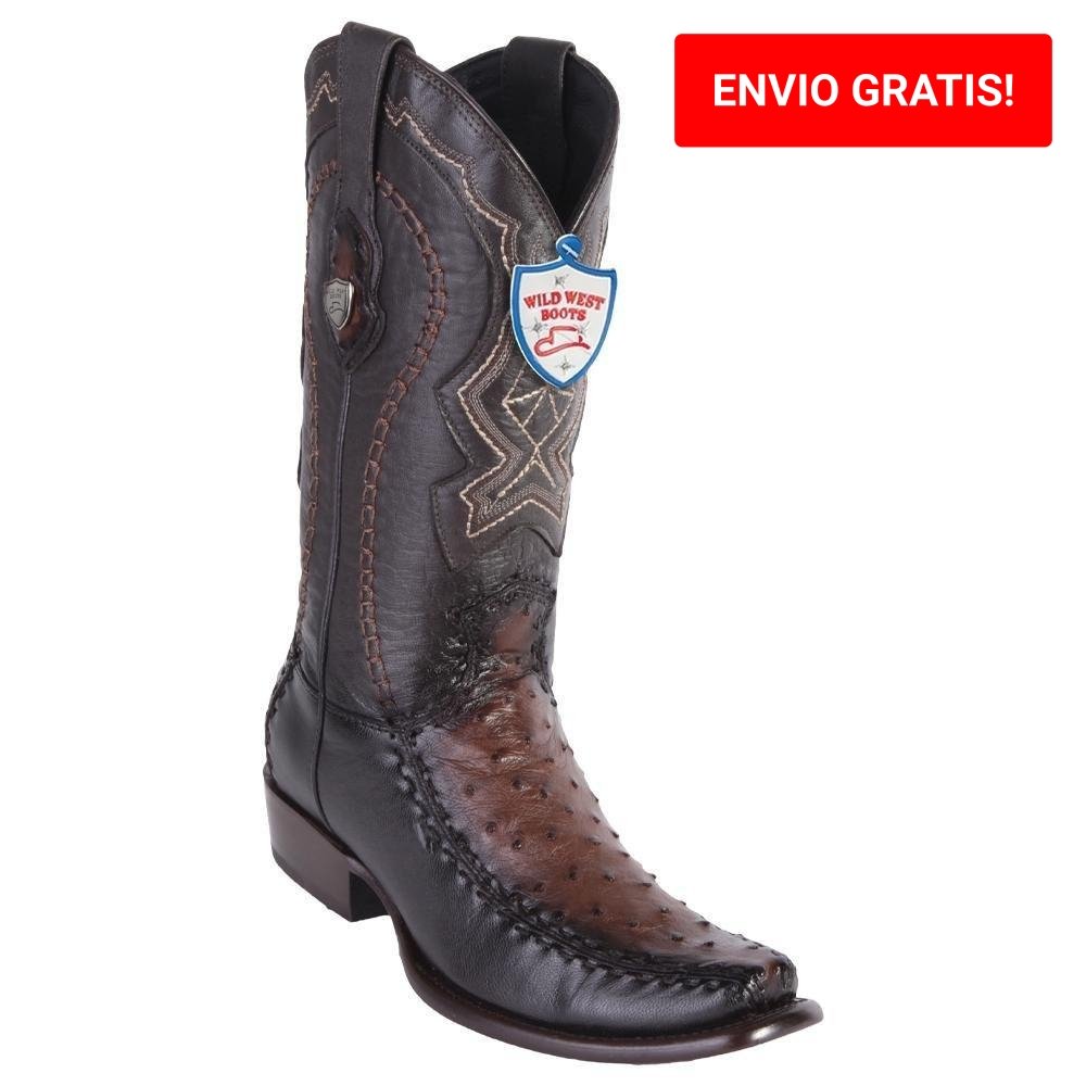 Western Genuine Ostrich and Deer Leather Square Dubai Toe Boots Faded Brown Color - Wild West Boots - Side View