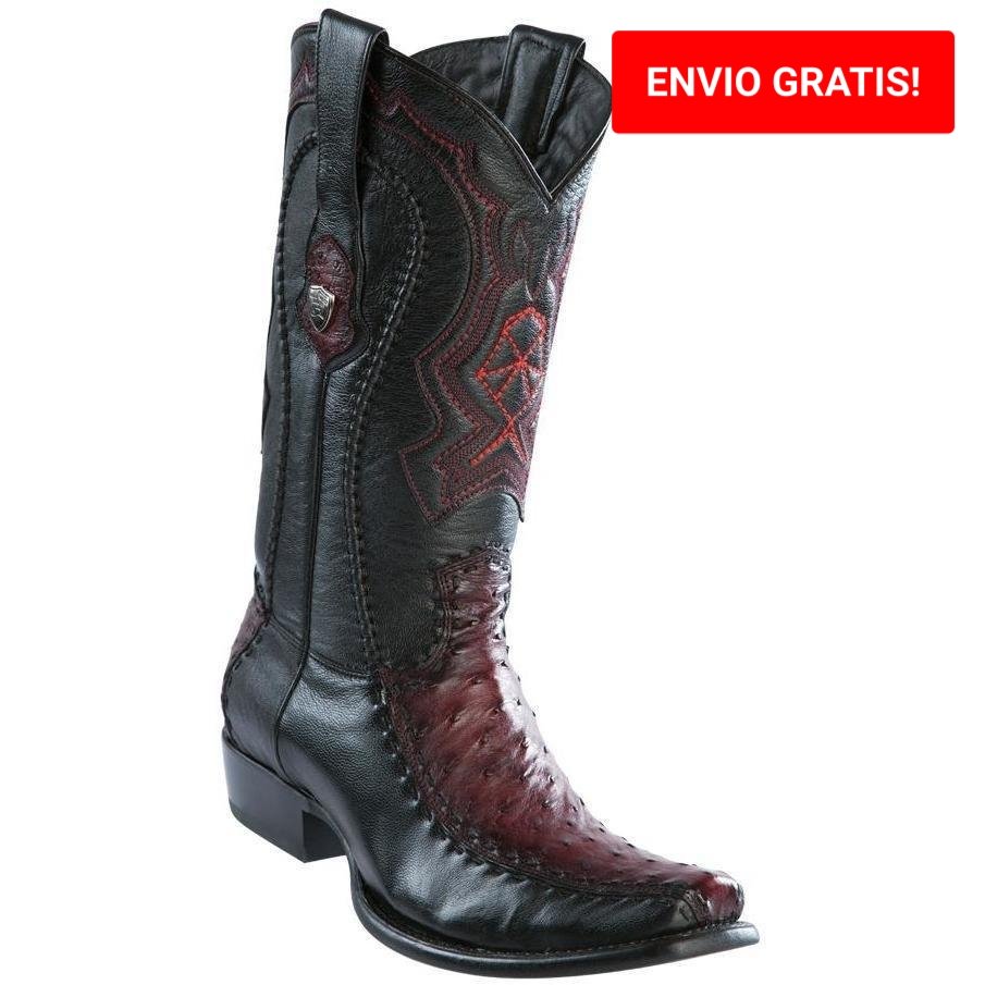 Western Genuine Ostrich and Deer Leather Square Dubai Toe Boots Faded Burgundy Color - Wild West Boots - Side View