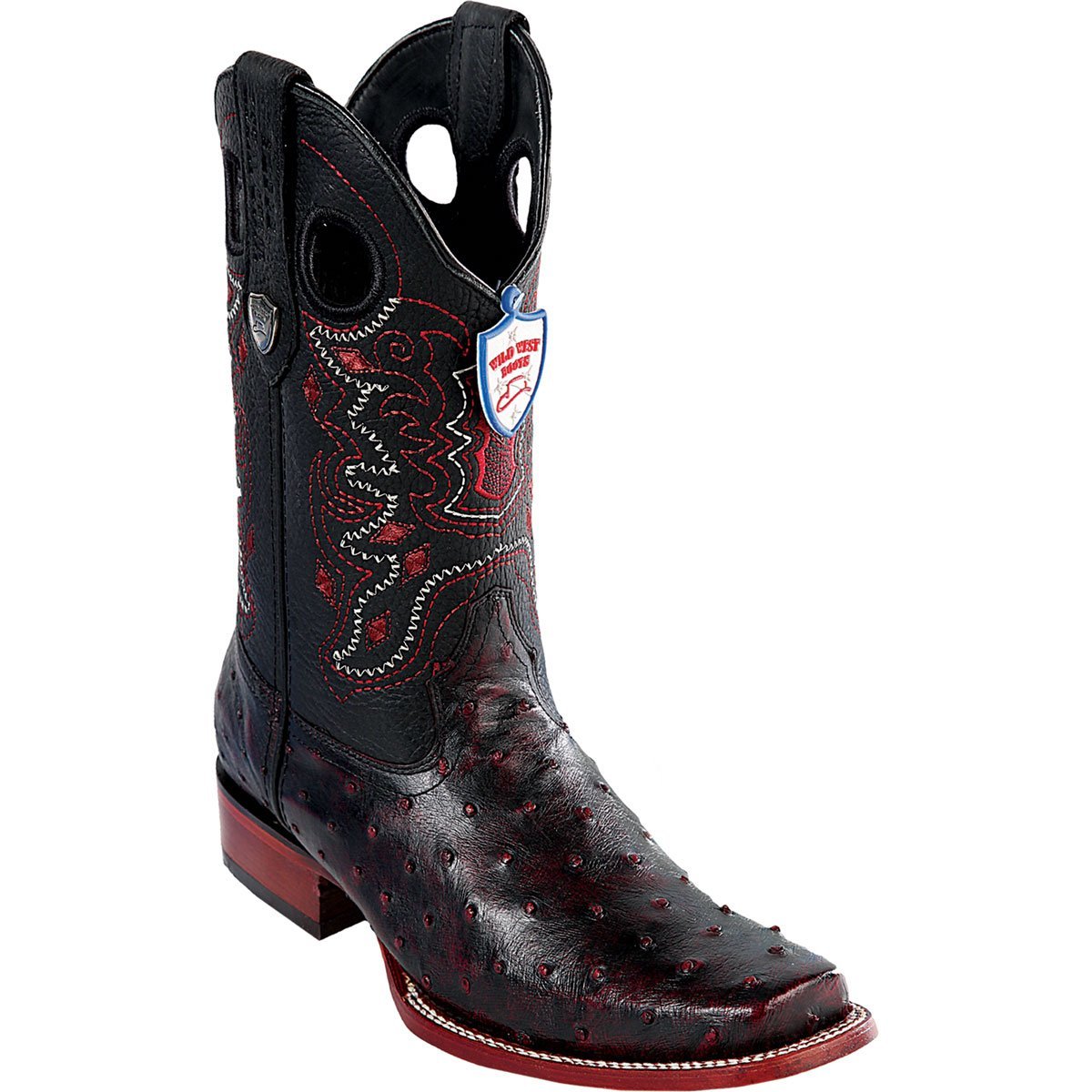 Botas de Avestruz Pata Original Punta Rodeo Cuadrada Ancha Color Negro Rojizo - Los Altos Boots