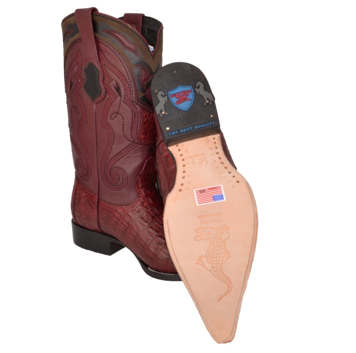 Wester Genuine Caiman Tail 3X Toe Boots Burgundy Color- Wild West Boots - Sole and Side View
