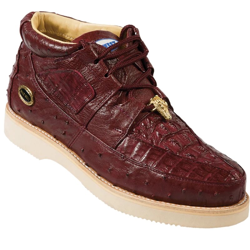 Casual Caiman and Ostrich Leather Shoes Burgundy Color - Wild West Boots - Side View