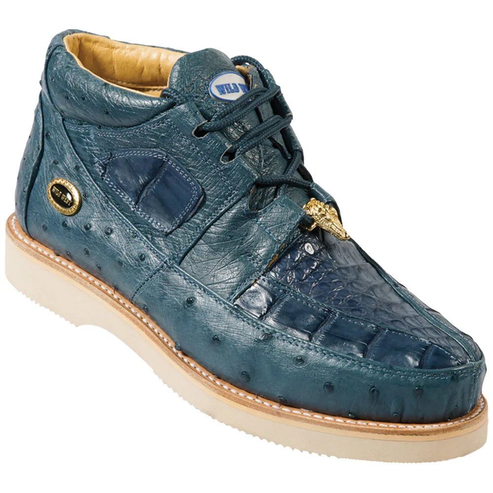 Casual Caiman and Ostrich Leather Shoes Blue Jean Color - Wild West Boots - Side View