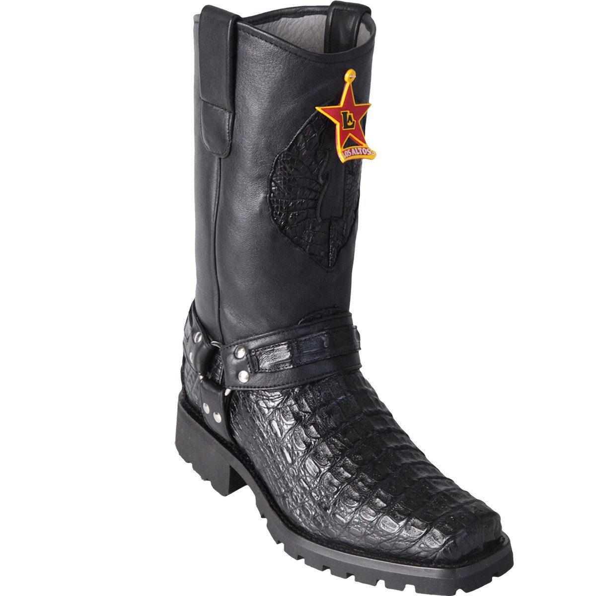 Genuine Caiman Crocodile Square Toe Biker Boots Black Color – Los Altos Boots – Side View
