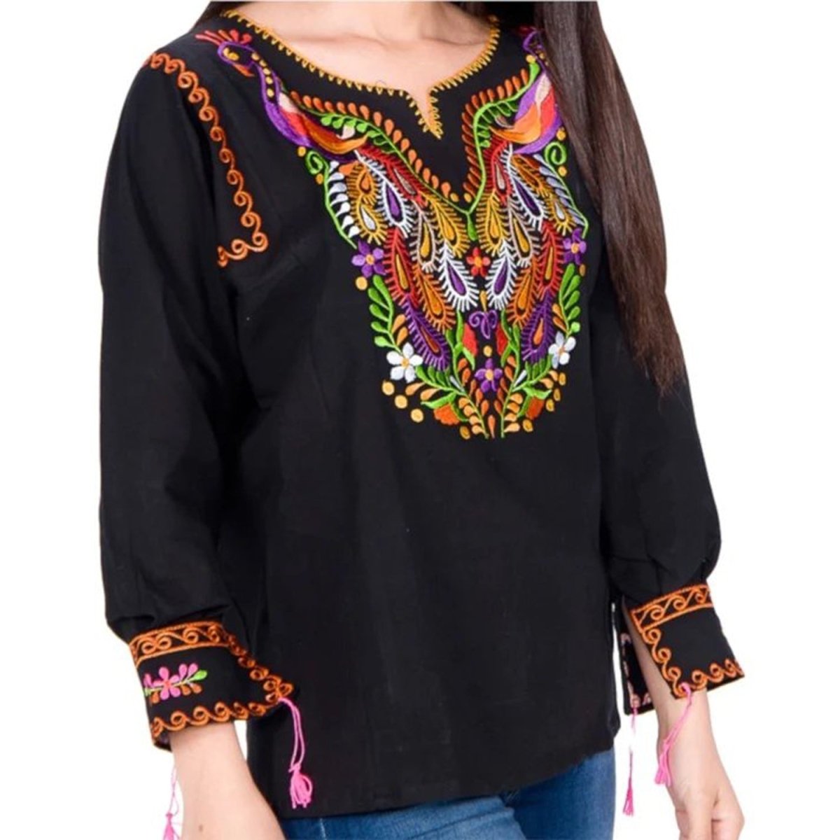 Blusa Bordada Artesanal para Mujer Color Negro con Pavo Real IMP-77531 - Impormexico